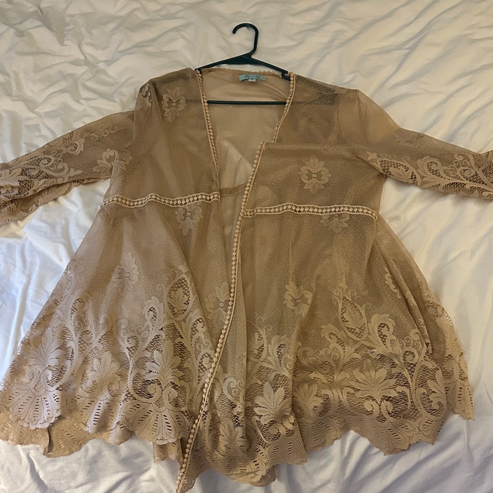 She + Sky Beige Lace Open Cardigan